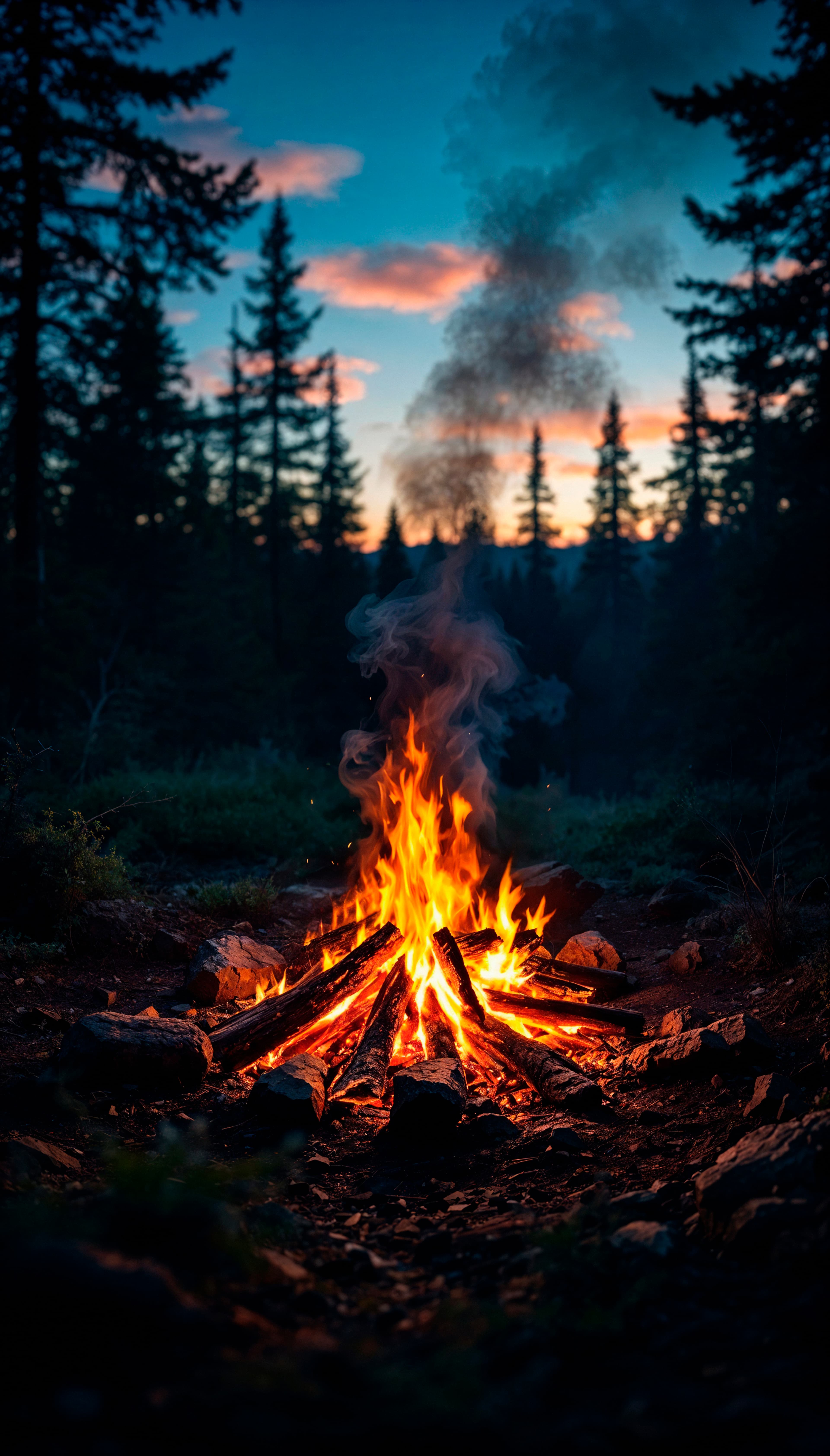 Gleaming campfire in the heart of the forest at night